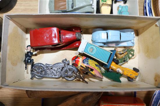 Various pre-war Dinky cars, tinplate toys, two mickey mouse felt toys, boxed street gas lamp etc